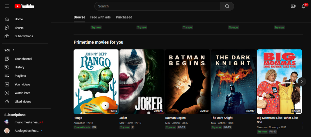 Youtube TV and movies